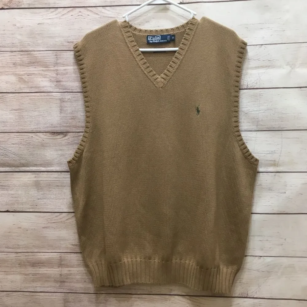 VINTAGE POLO RALPH‎ LAUREN TAN SWEATER VEST IN 100% COTTON